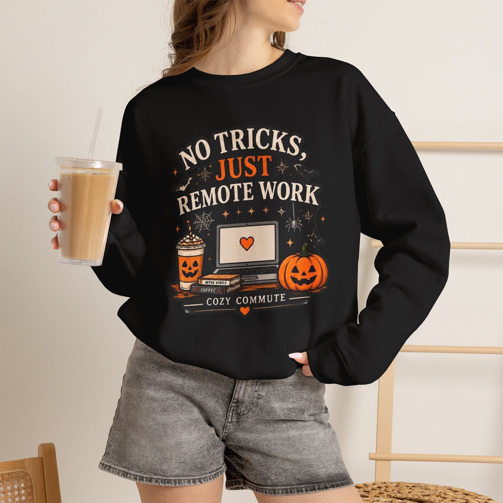 Halloween Remote Work Sweatshirt - "No Tricks, Just Remote Work" Cozy Commute Crewneck