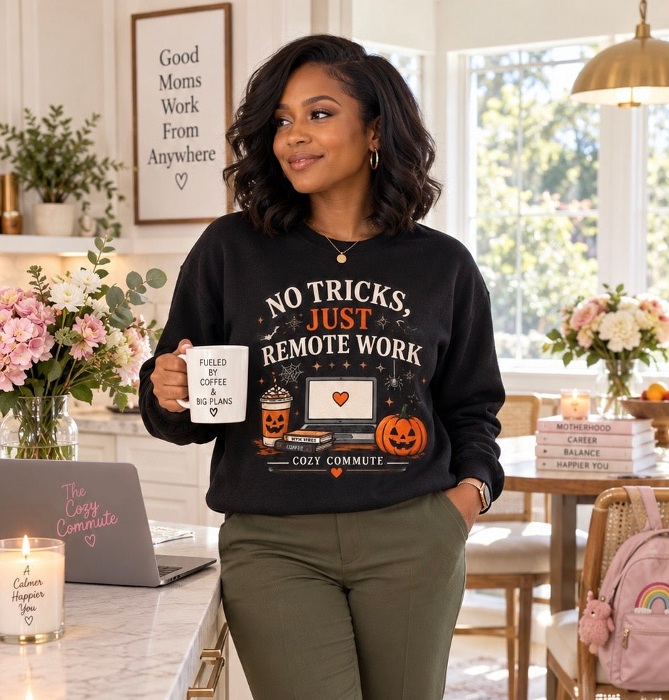 Halloween Remote Work Sweatshirt - "No Tricks, Just Remote Work" Cozy Commute Crewneck