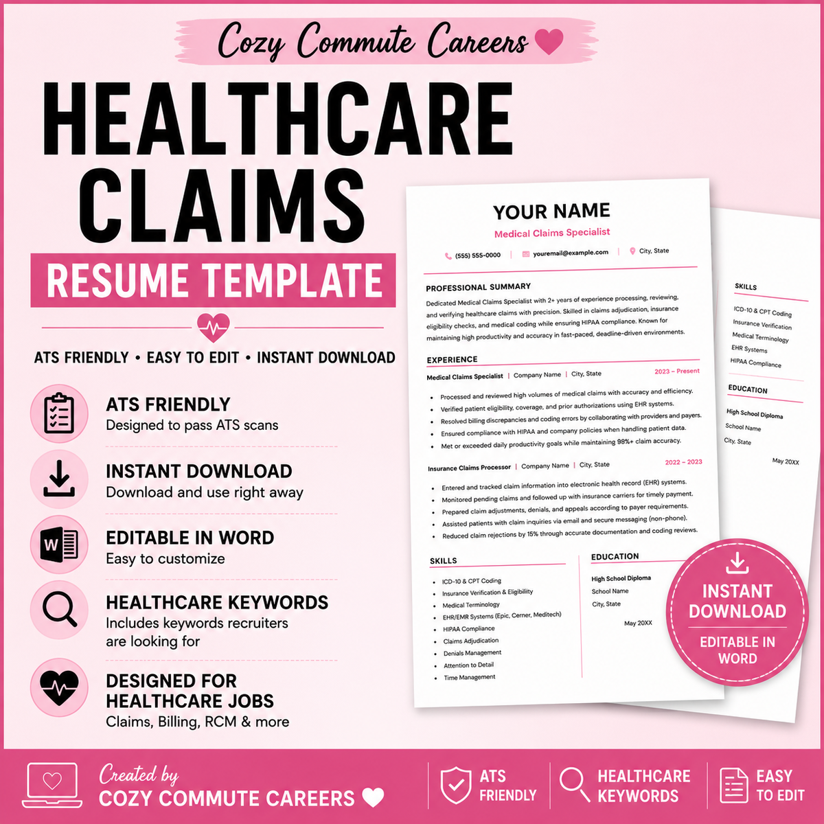 Remote Healthcare Resume Template (Claims, Billing & Revenue Cycle) - ATS
