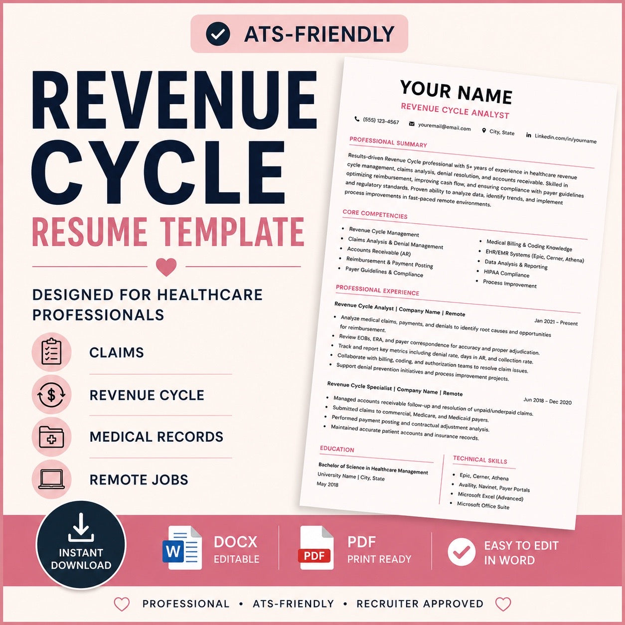Revenue Cycle Resume Template (DOCX + PDF) | ATS-Friendly