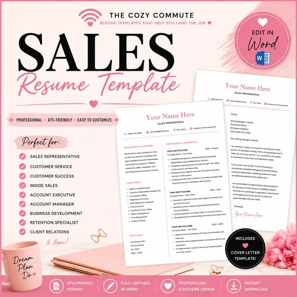Sales Resume Template | ATS-Friendly Resume + Cover Letter + ATS Keywords